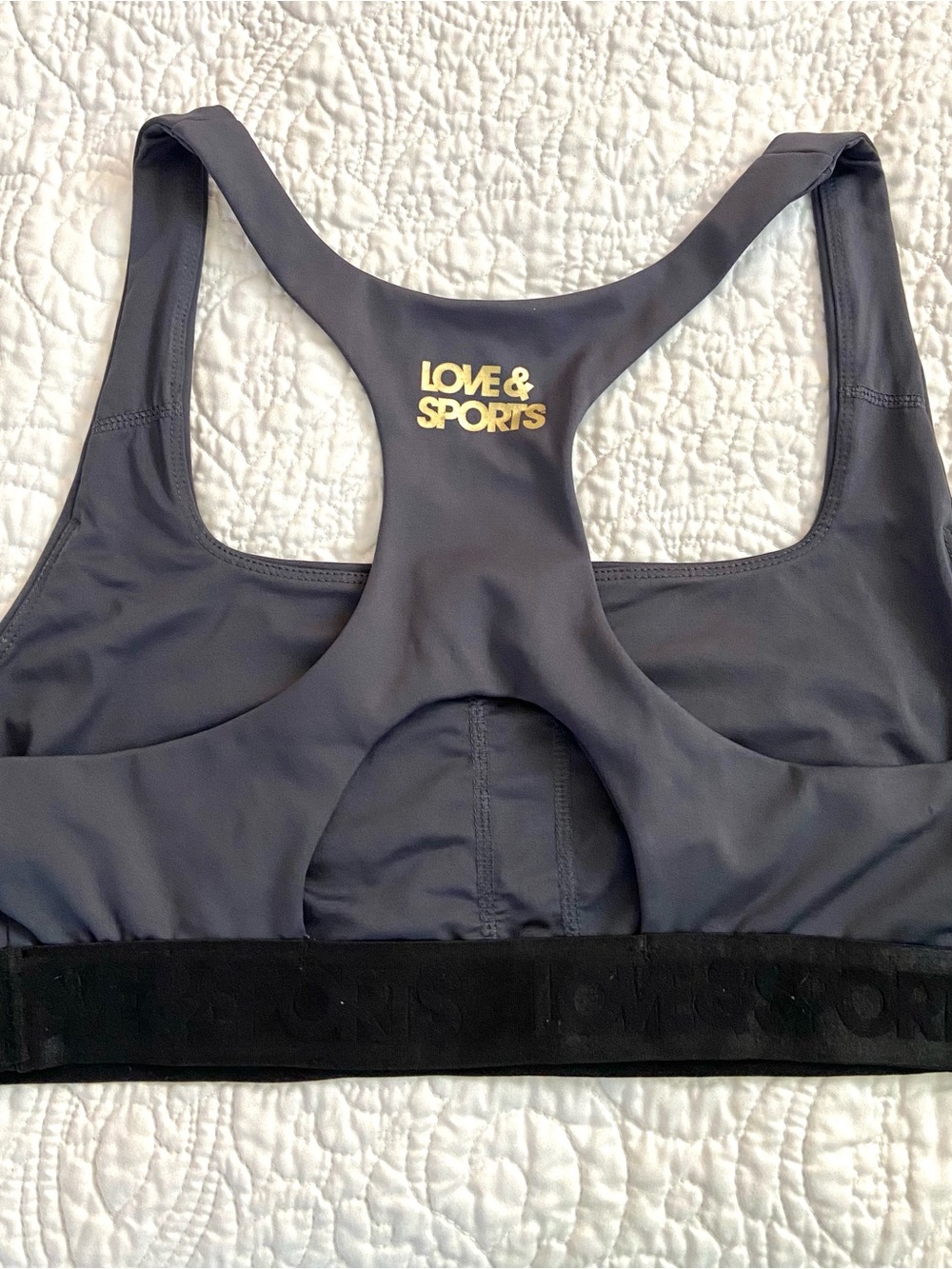 Charcoal Grey Racerback Sports Bra with Gold Logo